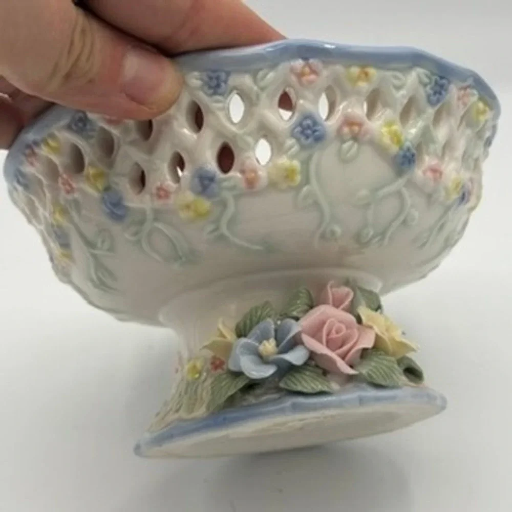 Cottagecore Porcelain Pedestal Candy Bowl Blue Floral Lattice Reticulated Dish